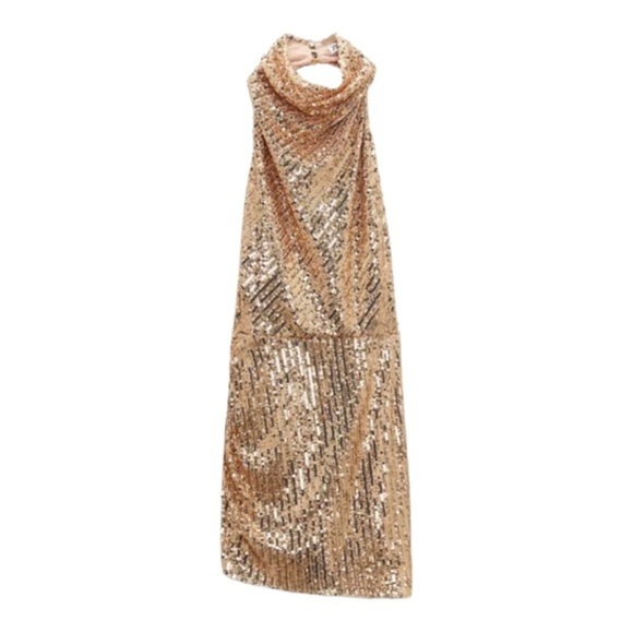Zara gold sequin open back semi sheer halter blogger favorite mini dress size XL - Picture 7 of 13